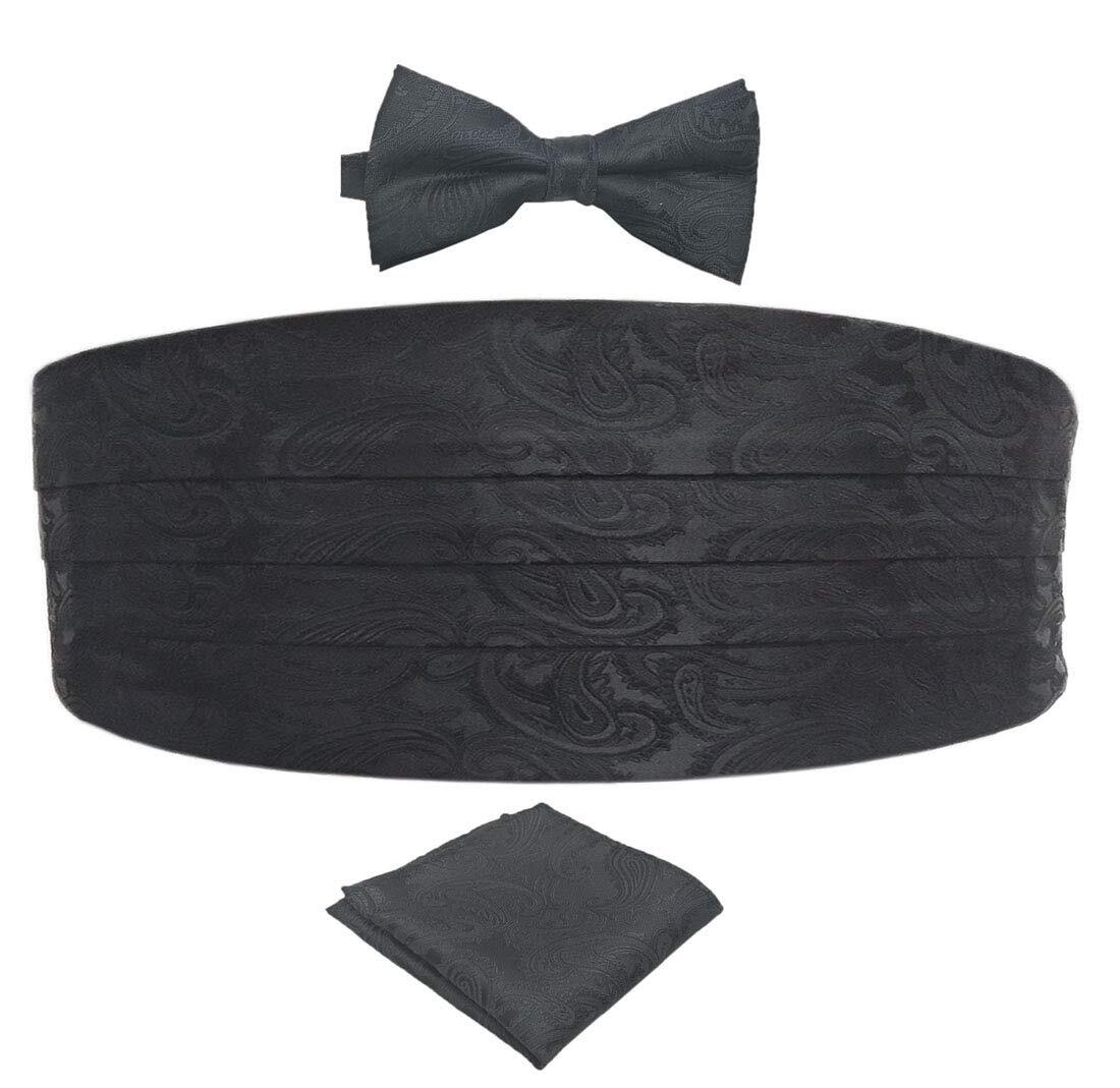 Men's Paisley Silver Gray Cummerbund & Bow Tie Set With Pocket Square - Microfiber, Adjustable 26-46" Waist, Formal Wear Accessory 4 thumbnail image