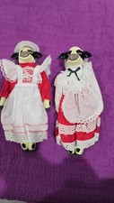 Pair Of Vintage Cow Dolls In Country Dresses Petticoats On Adjustable Stands