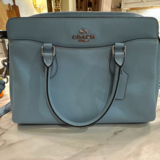 Coach Light Blue Pebbled Satchel Top Handle Bag Zip Inner Pockets