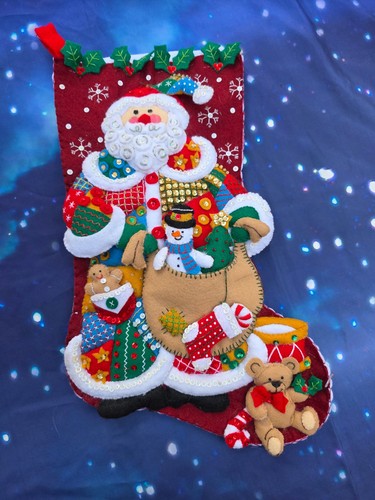 Finished Bucilla Patchwork Santa Felt Completed Stocking Sock Christmas 16"T