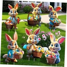 6PCS Easter Bunny Yard Signs Decorations Outdoor with Stakes Cute Easter Bunny