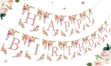 Rose Gold Floral Birthday Decorations Glittery Happy Birthday Banner for Women