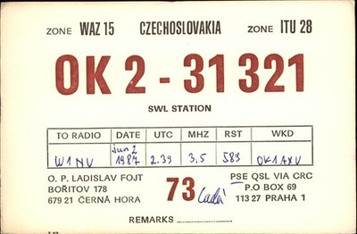 QSL radio card OK2-31321 1987 Cerna Hora Czechoslovakia Ladislav Fojt