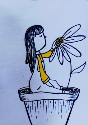 ORIGINAL HANDMADE COLORS CUTE SMALL DRAWING ARTWORK/CUTE GIRL & FLOWER/ACEO/DECO