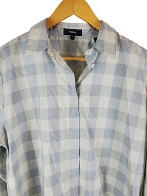 Theory Women s M Fuji Check Classic Shirt Blue White Silk Cotton Long Sleeve