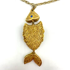 Vtg Articulated Fish Necklace Max Factor Solid Perfume Compact pendant Large