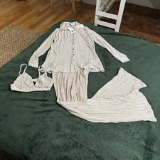 NWT Large Zara Plisse Crinkle Satin 3 piece Lounge Liesure pant suit Set -