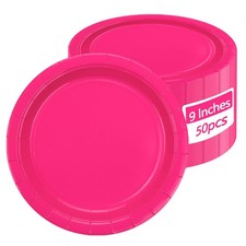 50 Pcs Disposable Hot Pink Paper Plates - 9 inch Heavy Duty Round Hot Pink Di...