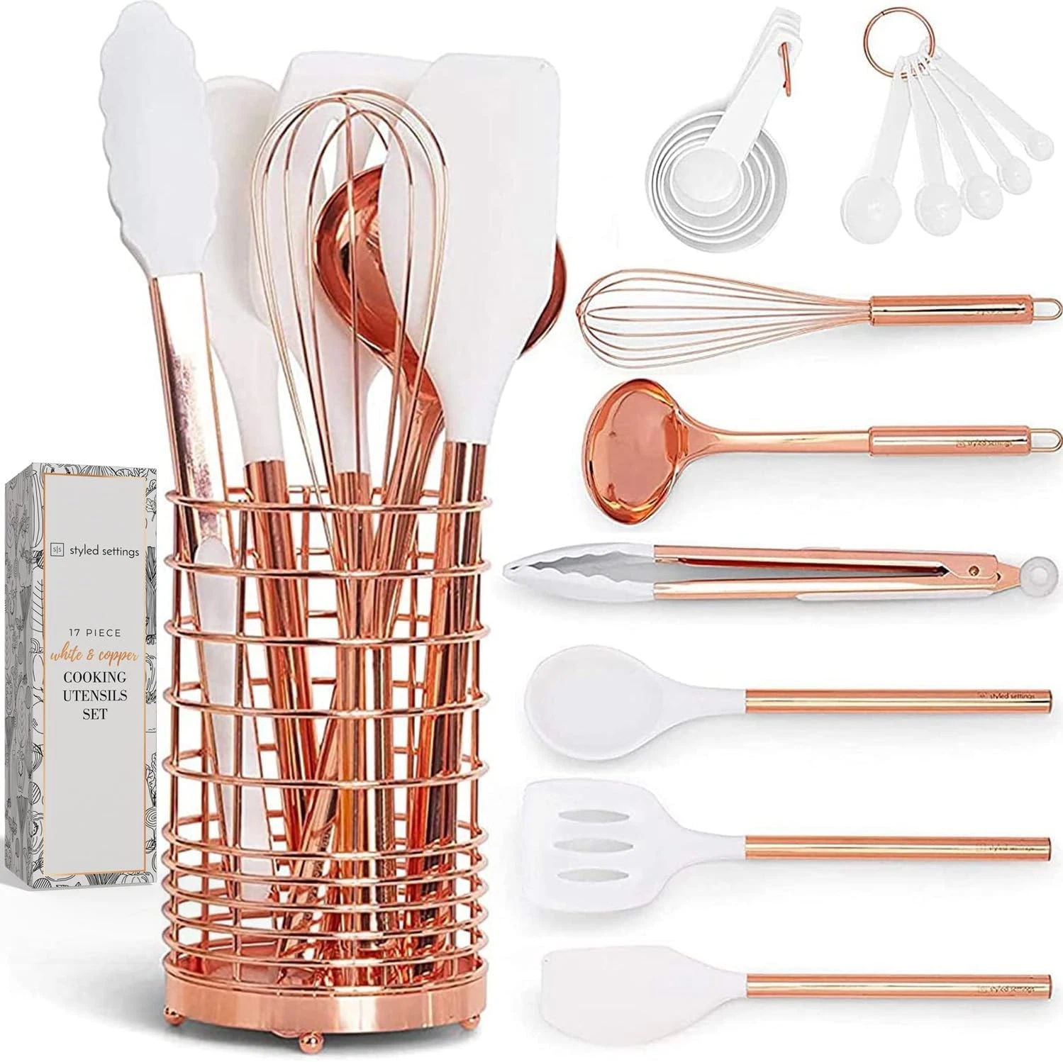 White Silicone and Copper Kitchen Utensils Set with Holder - 17-Piece Rose Gold