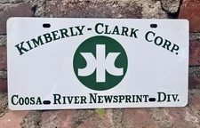 Vintage Kimberly Clark Corp Coosa River Newsprint Metal License Plate