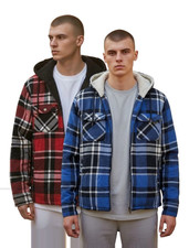 Mens Sherpa Hooded Jacket Blue Red Plaid Fleece Lined Full Zip Winter Coat 0530