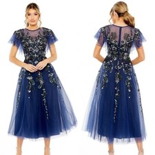 Mac Duggal 20510 Flutter Sleeve High Neck Embellished Tea Length Dress 16 $798