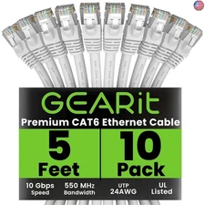 GEARit Cat 6 Ethernet Cable (10-Pack 5 Feet) Cat6 Network Patch, 10Gbps, RJ45,