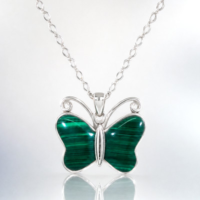 Vintage 925 Sterling Silber Natürlicher Malachit Schmetterling Halskette
