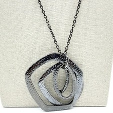 Vintage Black Gunmetal Long Pendant Necklace Hammered Geometric Open Hoop Boho