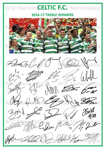 11685. 2016-17 Glasgow Celtic Signed Team Photo Sheet PRINTED AUTOS A4 Treble