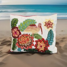 Pier 1 Hand Beaded Coral Flowers Embroidered Flamingo 14  x 18  Pillow From India