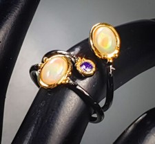 Unikat Design ZWEI Voll Opale Ring - 925 schwarz rhodiniert  + teilvergoldet TOP