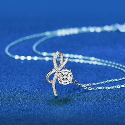 1CTD Color VS1 Moissanite 925 Sterling Silver Light Luxury Bow Pendant