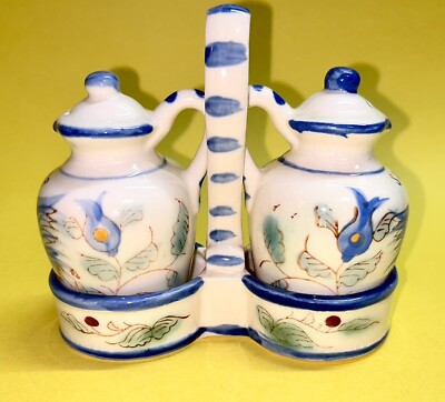 Vintage Nasco Hand Painted Salt & Pepper Blue Farmhouse Rooster Caddy-Japan