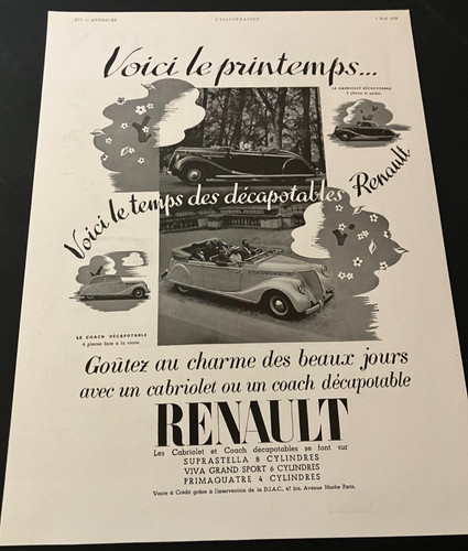 French 1938 Renault Decapotables - Vintage Original Print Ad / Wall Art - CLEAN