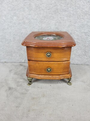 Vintage Footed Wooden Jewelry Box Hand Painted Glass Top