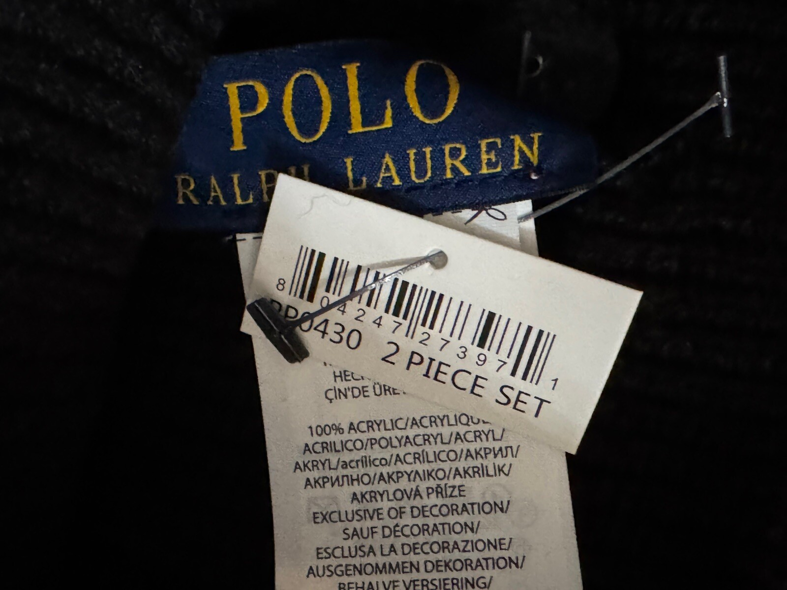 Polo Ralph Lauren set cappello e sciarpa maglia a costine nero grigio set 2 pezzi nuovo con etichette bianco pony