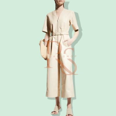 Women Cream Leather Suit Jumpsuit Classic Suit Genuine Lambskin Leather Jumpsuit