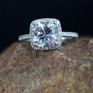 Real 10k White Gold 2 Carat Cushion Cut Diamond Halo Engagement