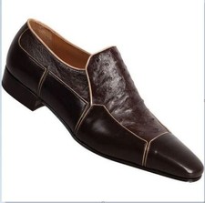Handmade Men's Choclate Brown Pure Leather Loafer Ostrich Texture Slip On Shoes