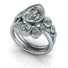 3Ct White Pear Cut CZ Bezel Set Bridal Wedding Ring Set In 925 Sterling Silver