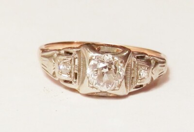 Antique 14K White & Yellow Gold 4.5mm Mine Cut Diamond + Accents Ring Size 6.75