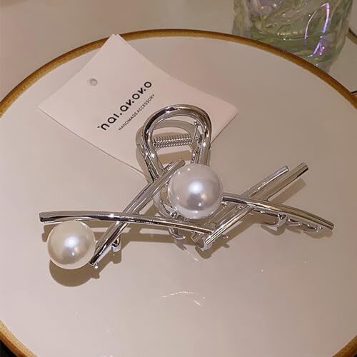 Silver Hair Clips Metal Claw Clips for Women Banana Clip Pearl Hair F - Picture 7 of 7
