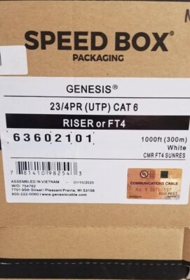Genesis CAT-6 UTP Riser cable 1000  Pull Box White CMR, FT4,