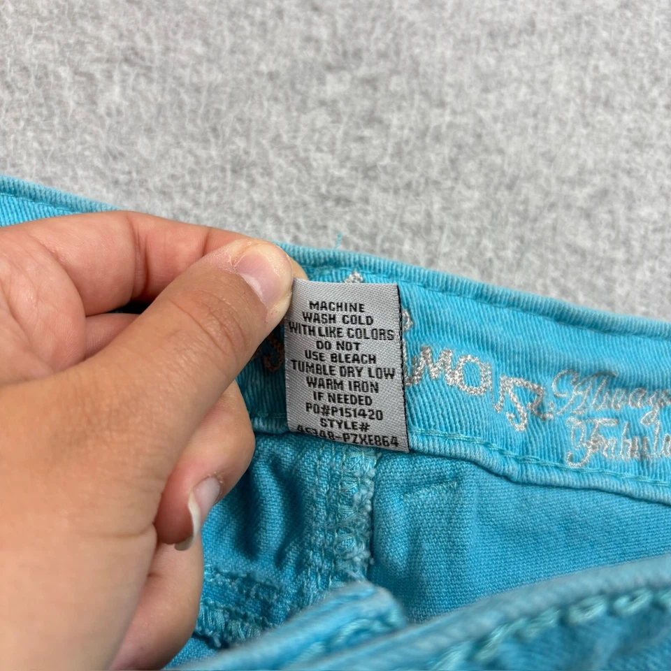 Pantalones Cortos de Jean Almost Famous Mujer 9 Azul Teal Denim Dobladillo Crudo Tiro Bajo Botín Y2K Foto 4 de 4