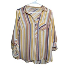Figueroa  Flower Blouse Women's Medium Colorful Striped Summer Pocket Shirt Top