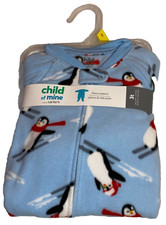 N3 NWT Carter's 3T Penguin Skiing Blue Fleece Footed Pajamas Blanket Sleeper