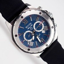 Orologio Uomo Bulova Marine Star 98B258 Quadrante Blu Cinturino Gomma Nero Quarzo 44mm