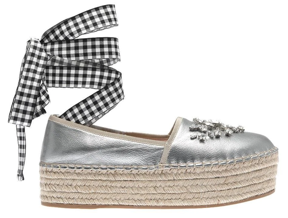 NEW MIU MIU PRADA SILVER LEATHER CRYSTALS ESPADRILLES LACE PLATFORM SHOES 40.5 - Image 2 of 4