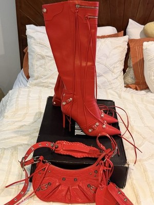 Balenciaga Red Knee High Stiletto Boots Studded Zipper Pointed Toe Women