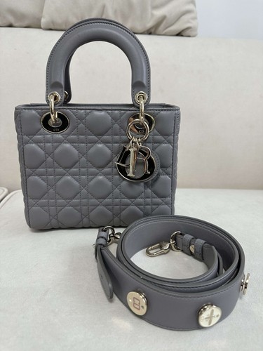 Authentic Dior Lady Dior Small Gray Cannage Bag Gold Hardware