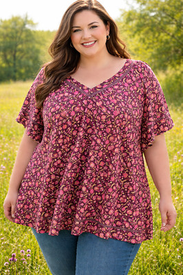 Old Navy blouse top size 2XL short sleeve V neck pullover red floral