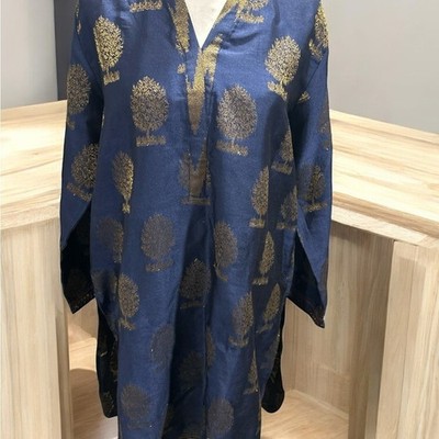 Chapter 2 Handwoven Tunic   Indigo with Gold Zari Tree Motifs size M