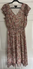 EUC MSK Floral Dress Elastic Waist Chiffon Tan Pink L Large