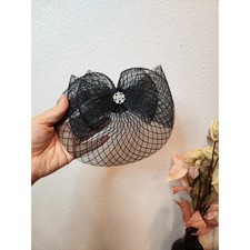 Black Tulle Bow Fascinator Veil Rhinestone Hair Clip Women Elegant Accessory