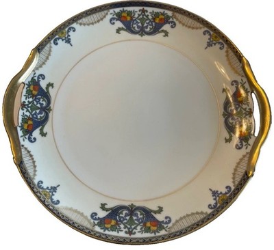 Noritake Fruits in Blue Cornucopia Cake Plate w Handles 10x10 Gold Trim
