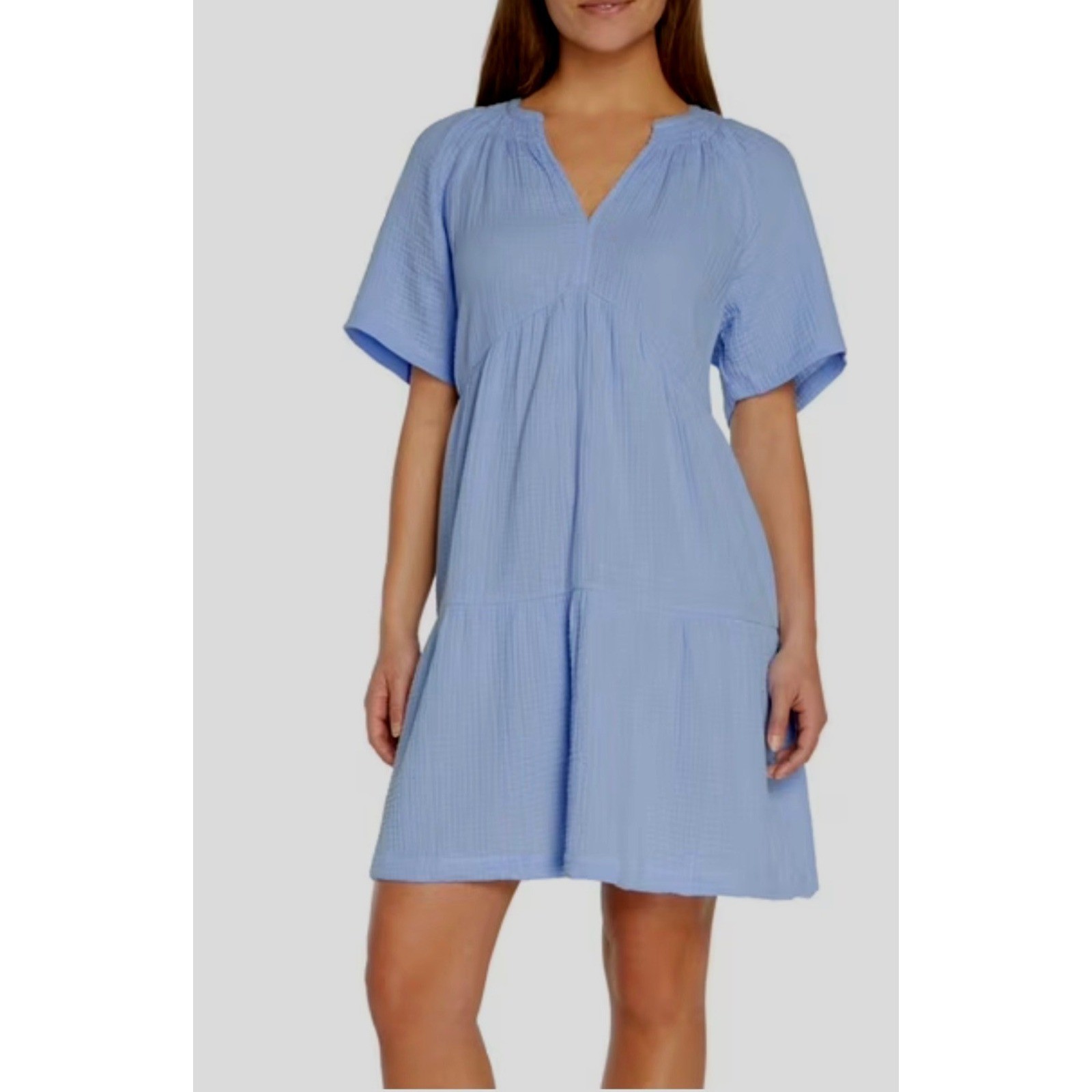 GAP XL Blue Cotton Gauze Tiered Dress V-Neck Summer Casual Vacation Beach