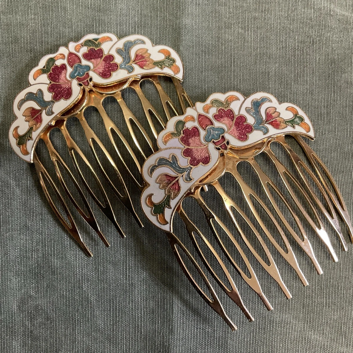 Cloisonné Floral Vintage Gold Hair Comb - and Earrings Decorative Set Eden Floral Comb Set | LELET NY main image 2