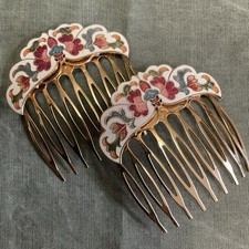Pair of vintage Cloisonne Butterfly Enamel Hair Combs Gold Tone