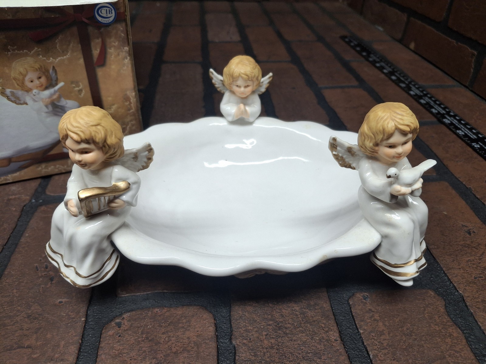 Musical Harp angels Candy Dish  Porcelain White with ribbons With Box